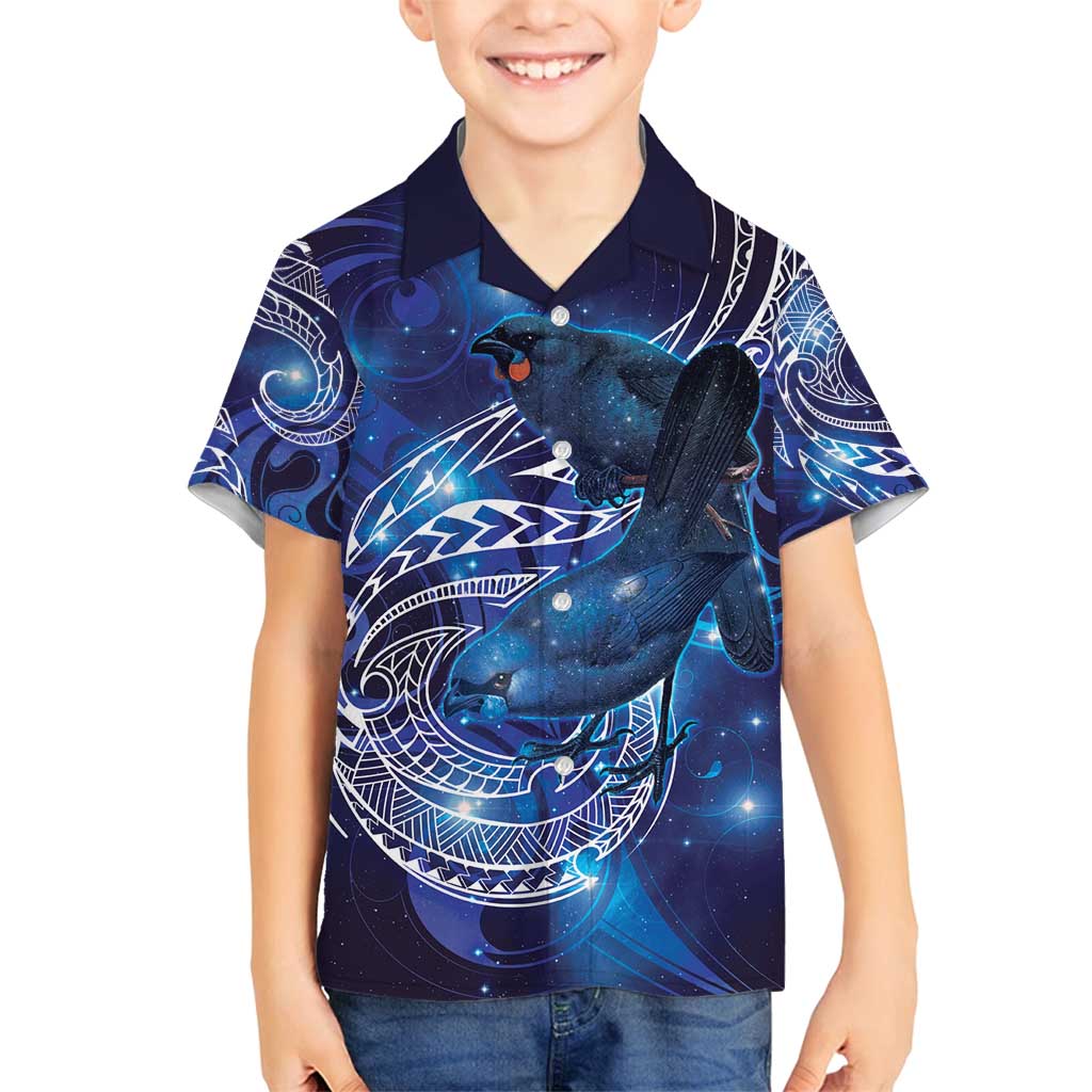 North Island Kokako and South Island Kokako Family Matching Tank Maxi Dress and Hawaiian Shirt New Zealand Native Bird with Galaxy Vibe LT9 Son's Shirt Galaxy - Polynesian Pride