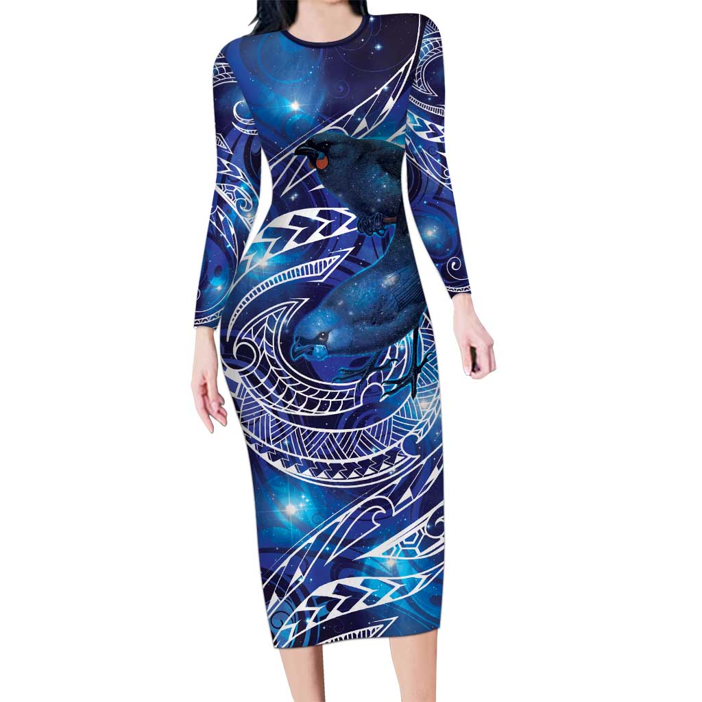 North Island Kokako and South Island Kokako Long Sleeve Bodycon Dress New Zealand Native Bird with Galaxy Vibe LT9 Long Dress Galaxy - Polynesian Pride