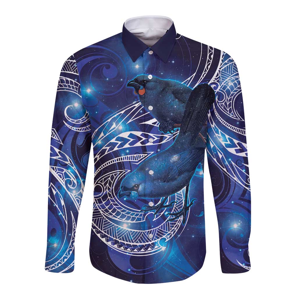 North Island Kokako and South Island Kokako Long Sleeve Button Shirt New Zealand Native Bird with Galaxy Vibe LT9 Unisex Galaxy - Polynesian Pride