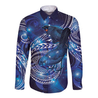 North Island Kokako and South Island Kokako Long Sleeve Button Shirt New Zealand Native Bird with Galaxy Vibe LT9 Unisex Galaxy - Polynesian Pride