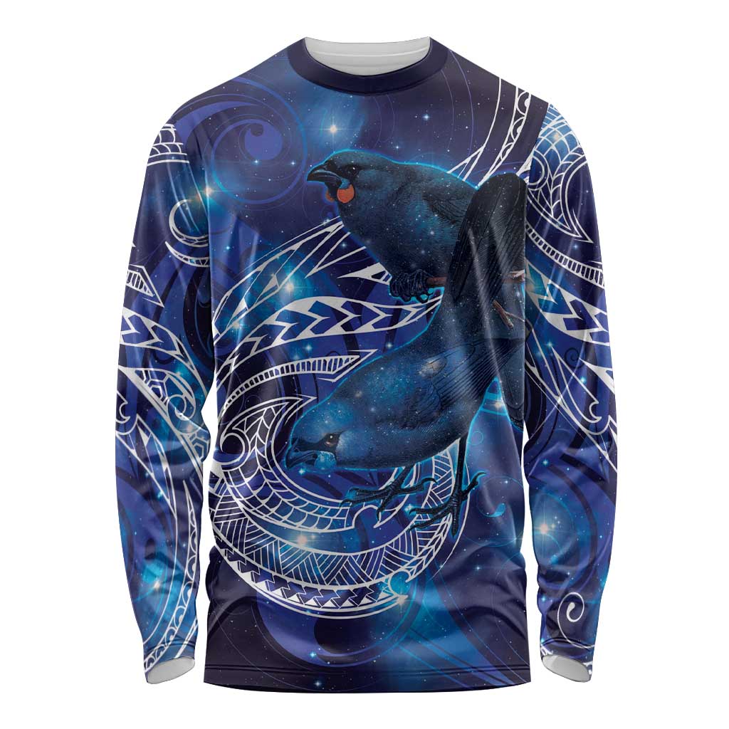 North Island Kokako and South Island Kokako Long Sleeve Shirt New Zealand Native Bird with Galaxy Vibe LT9 Unisex Galaxy - Polynesian Pride