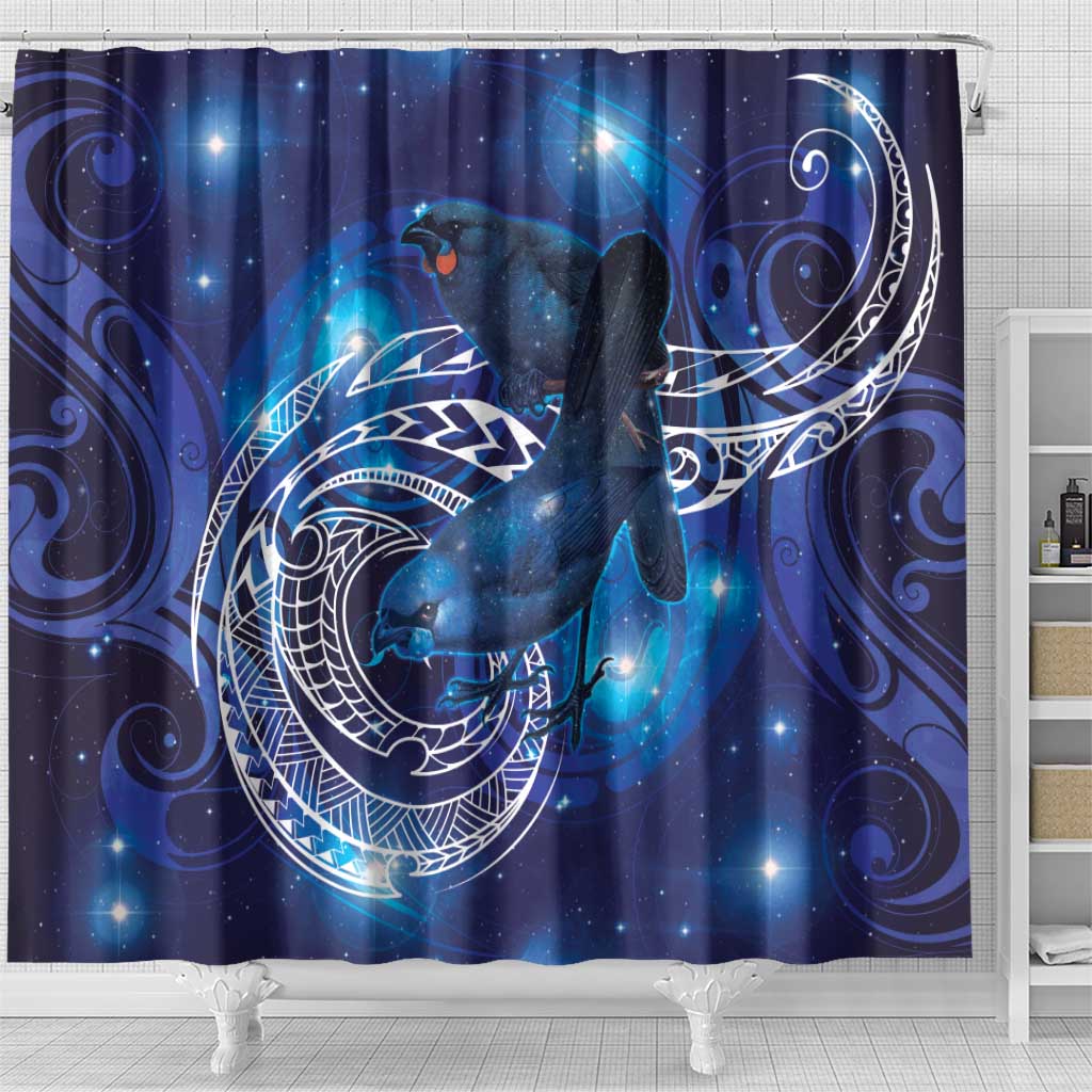 North Island Kokako and South Island Kokako Shower Curtain New Zealand Native Bird with Galaxy Vibe LT9 - Polynesian Pride