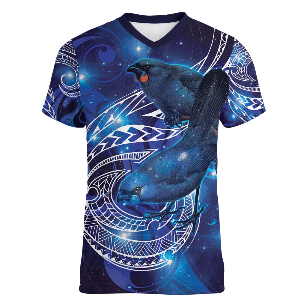 North Island Kokako and South Island Kokako Women V-Neck T-Shirt New Zealand Native Bird with Galaxy Vibe