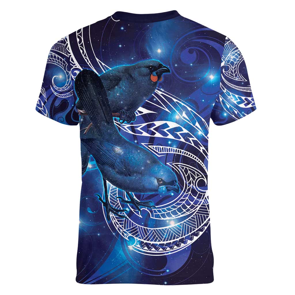 North Island Kokako and South Island Kokako Women V-Neck T-Shirt New Zealand Native Bird with Galaxy Vibe