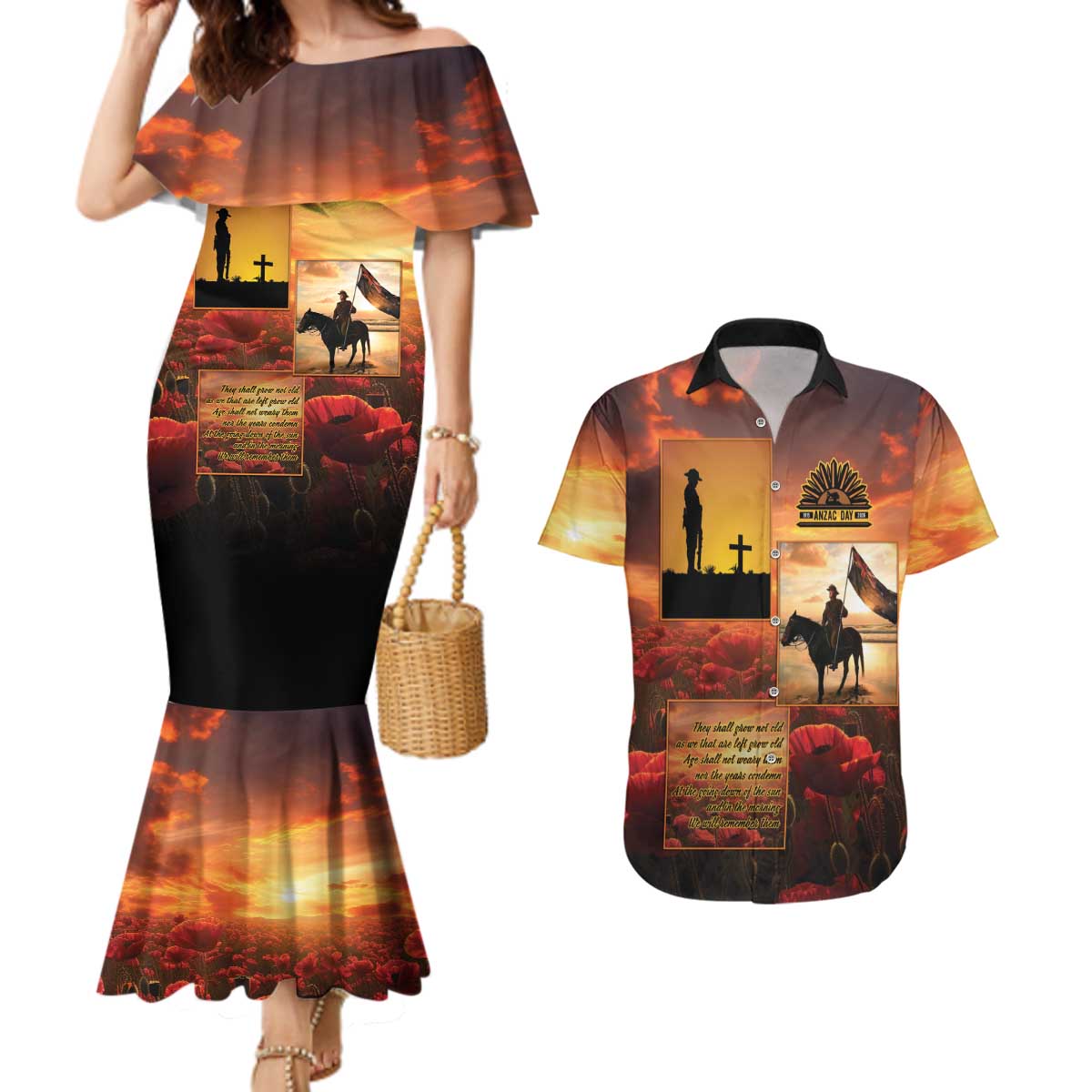 ANZAC Day Film Reel Lest We Forget Couples Matching Mermaid Dress and Hawaiian Shirt Australia NZ Memorial LT9 Red - Polynesian Pride