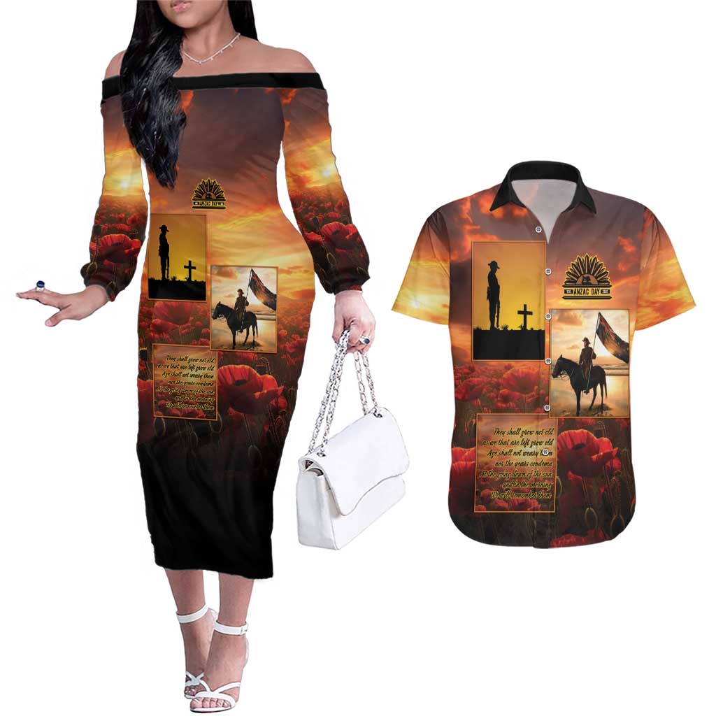 ANZAC Day Film Reel Lest We Forget Couples Matching Off The Shoulder Long Sleeve Dress and Hawaiian Shirt Australia NZ Memorial LT9 Red - Polynesian Pride