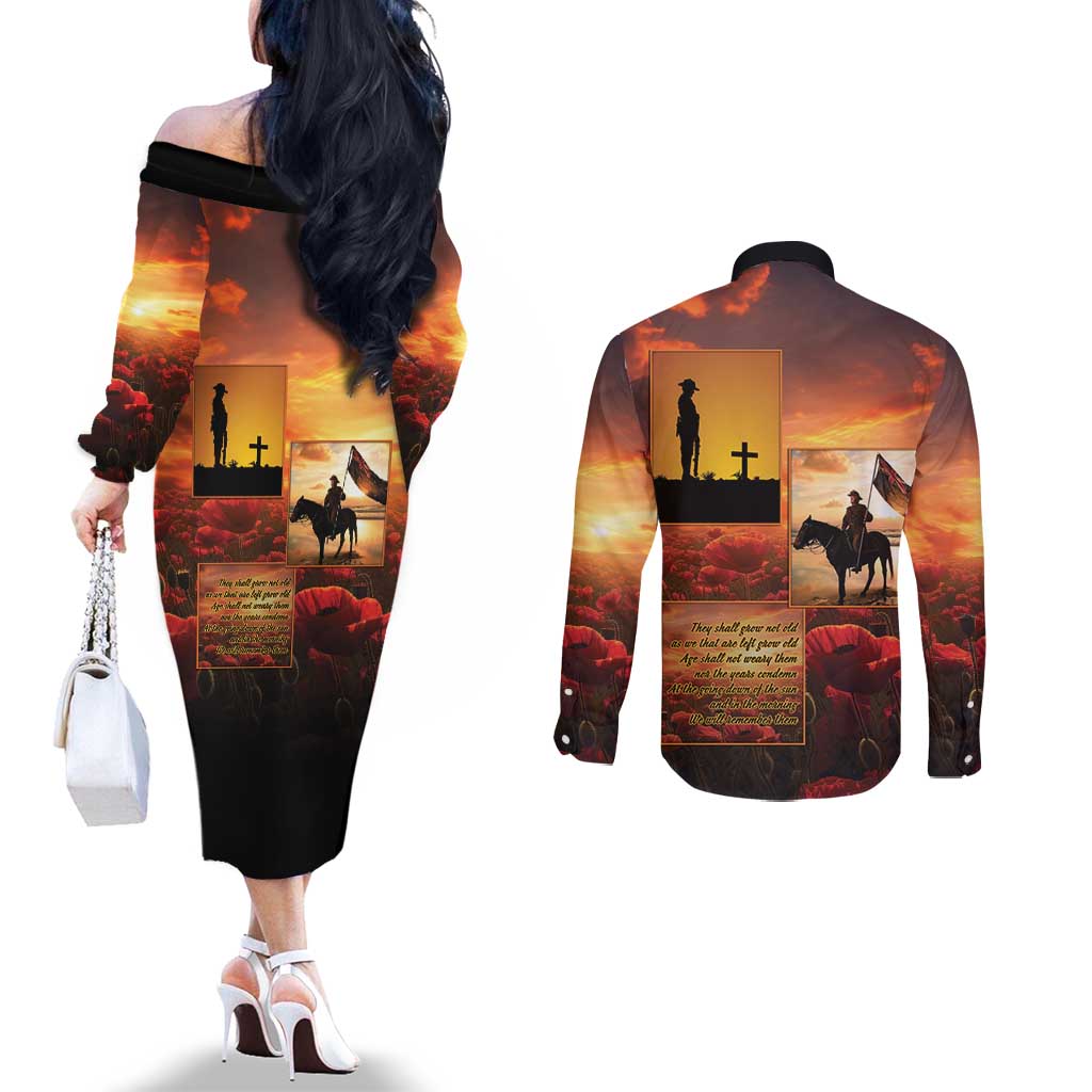ANZAC Day Film Reel Lest We Forget Couples Matching Off The Shoulder Long Sleeve Dress and Long Sleeve Button Shirt Australia NZ Memorial LT9 - Polynesian Pride