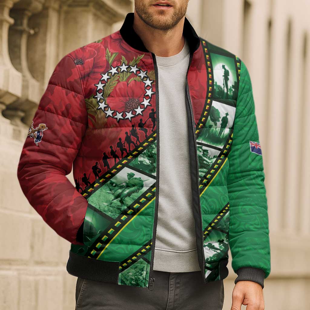 Personalised Cook Islands ANZAC 1915-2026 Filmstrip Bomber Puffer Jacket Lest We Forget 25 April