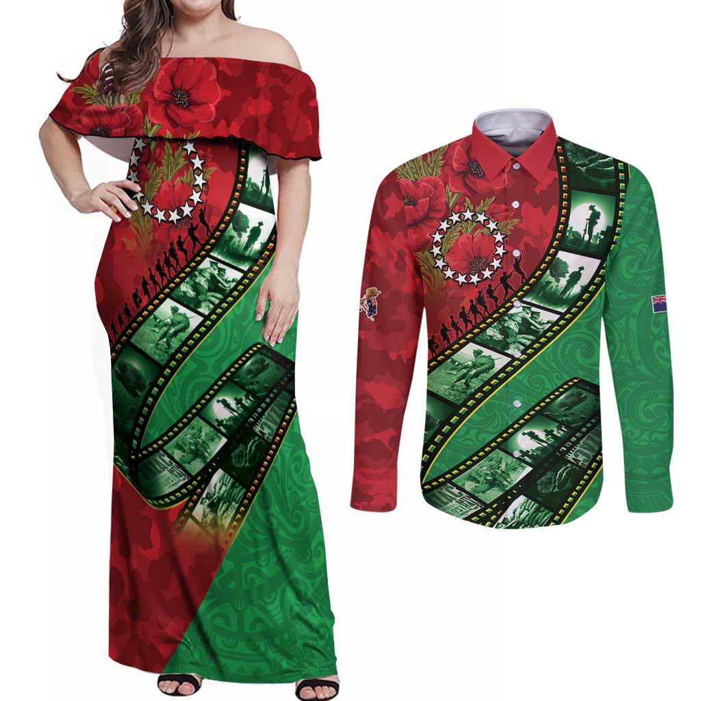 Personalised Cook Islands ANZAC 1915-2026 Filmstrip Couples Matching Off Shoulder Maxi Dress and Long Sleeve Button Shirt Lest We Forget 25 April