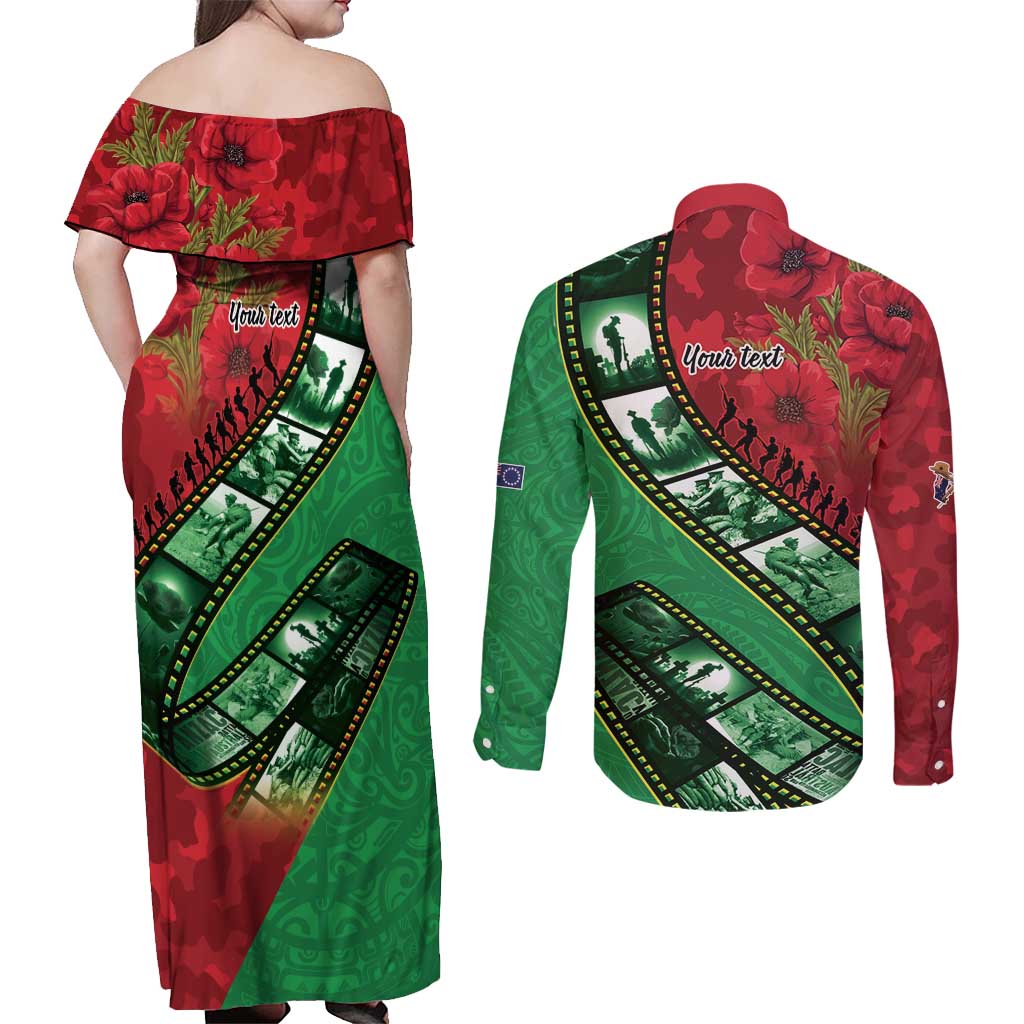 Personalised Cook Islands ANZAC 1915-2026 Filmstrip Couples Matching Off Shoulder Maxi Dress and Long Sleeve Button Shirt Lest We Forget 25 April LT9 - Polynesian Pride
