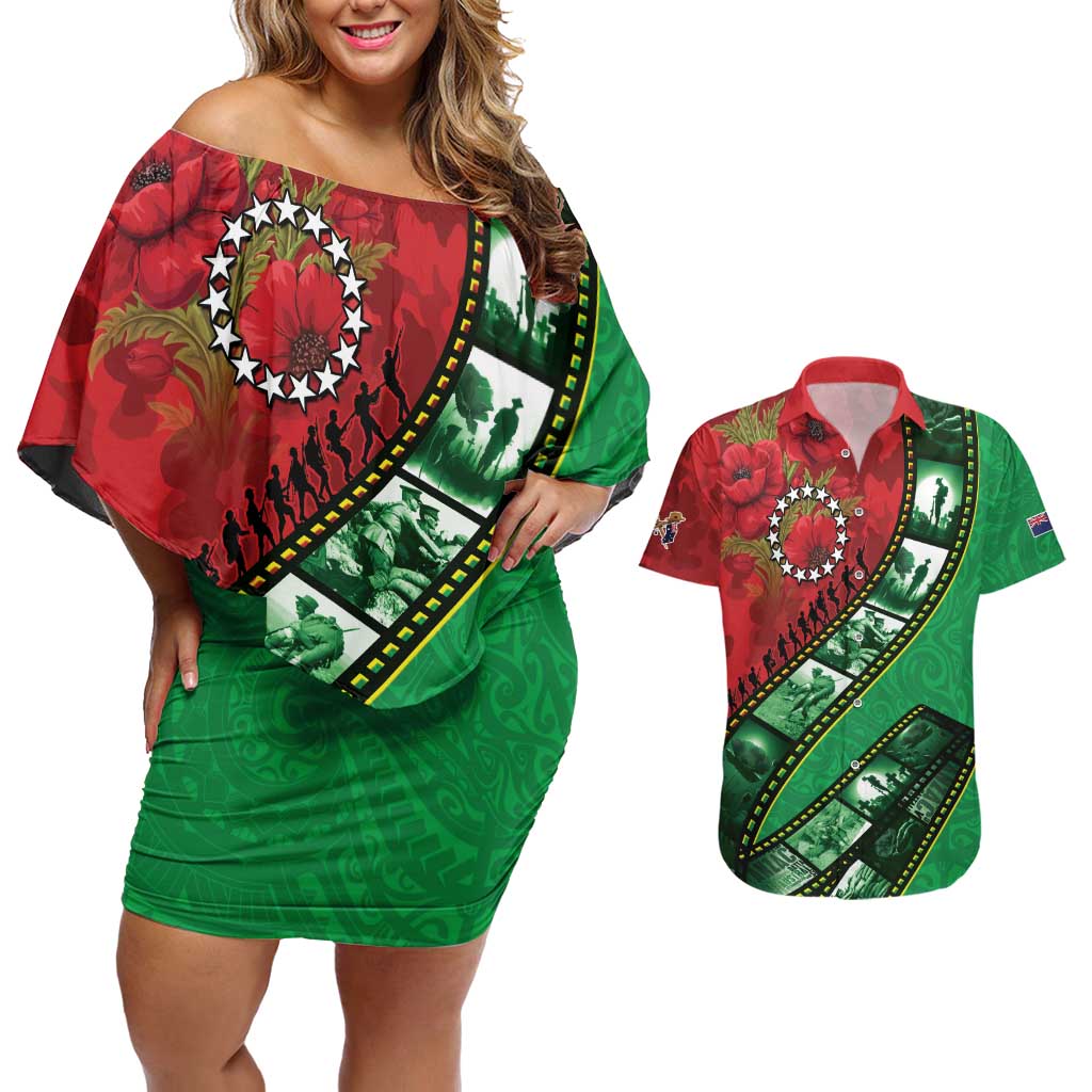 Personalised Cook Islands ANZAC 1915-2026 Filmstrip Couples Matching Off Shoulder Short Dress and Hawaiian Shirt Lest We Forget 25 April LT9 Green - Polynesian Pride