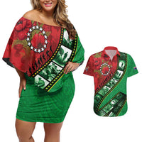 Personalised Cook Islands ANZAC 1915-2026 Filmstrip Couples Matching Off Shoulder Short Dress and Hawaiian Shirt Lest We Forget 25 April LT9 Green - Polynesian Pride