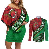 Personalised Cook Islands ANZAC 1915-2026 Filmstrip Couples Matching Off Shoulder Short Dress and Long Sleeve Button Shirt Lest We Forget 25 April LT9 Green - Polynesian Pride