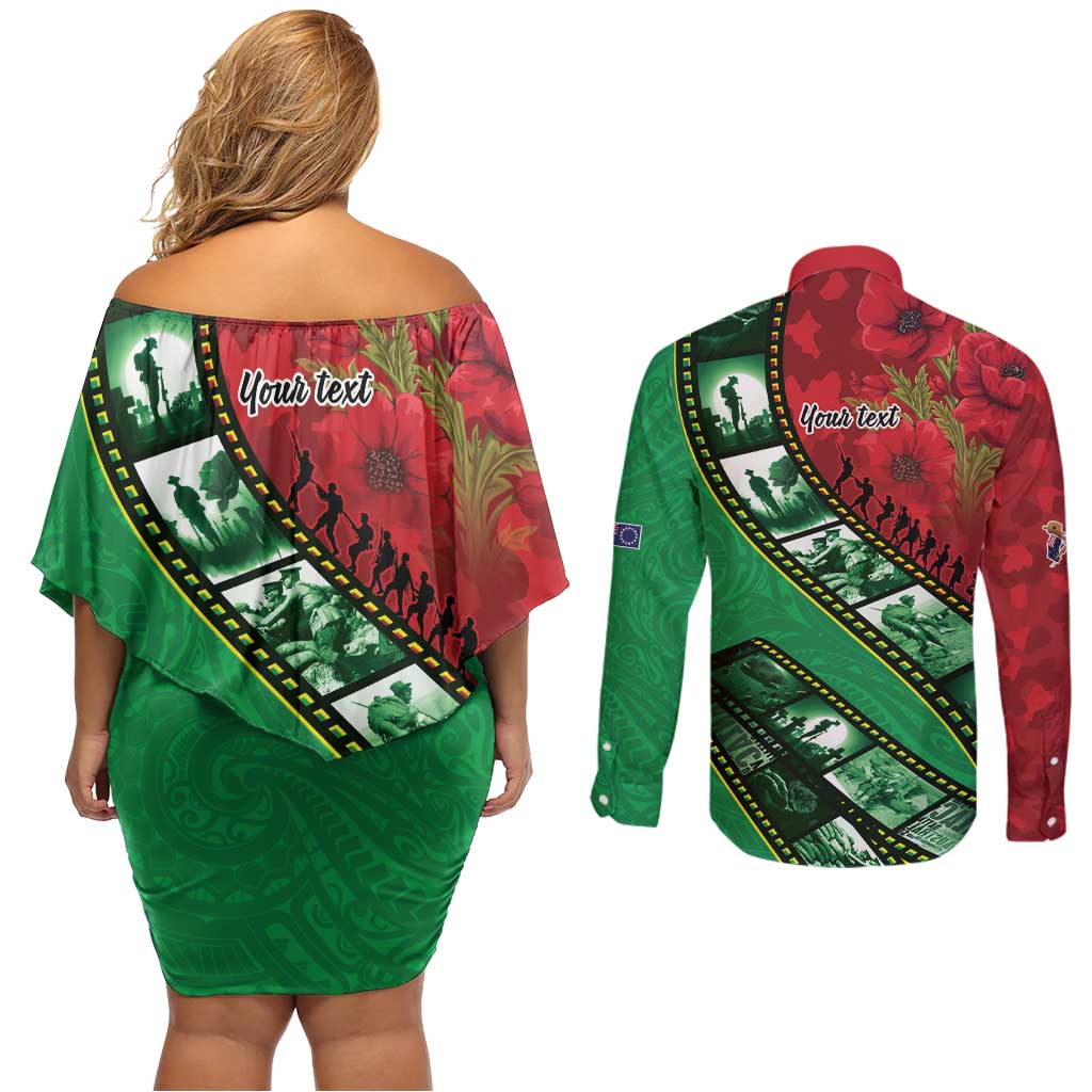 Personalised Cook Islands ANZAC 1915-2026 Filmstrip Couples Matching Off Shoulder Short Dress and Long Sleeve Button Shirt Lest We Forget 25 April LT9 - Polynesian Pride