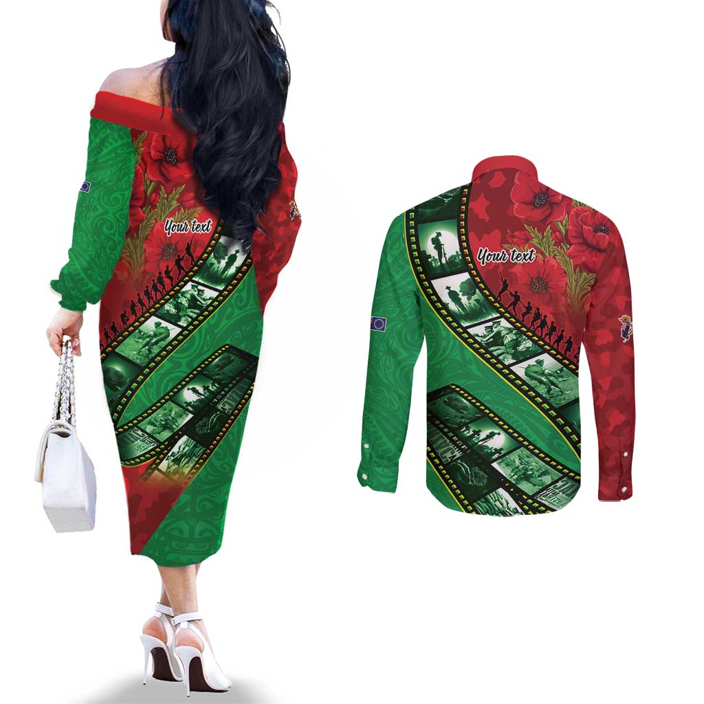 Personalised Cook Islands ANZAC 1915-2026 Filmstrip Couples Matching Off The Shoulder Long Sleeve Dress and Long Sleeve Button Shirt Lest We Forget 25 April LT9 - Polynesian Pride