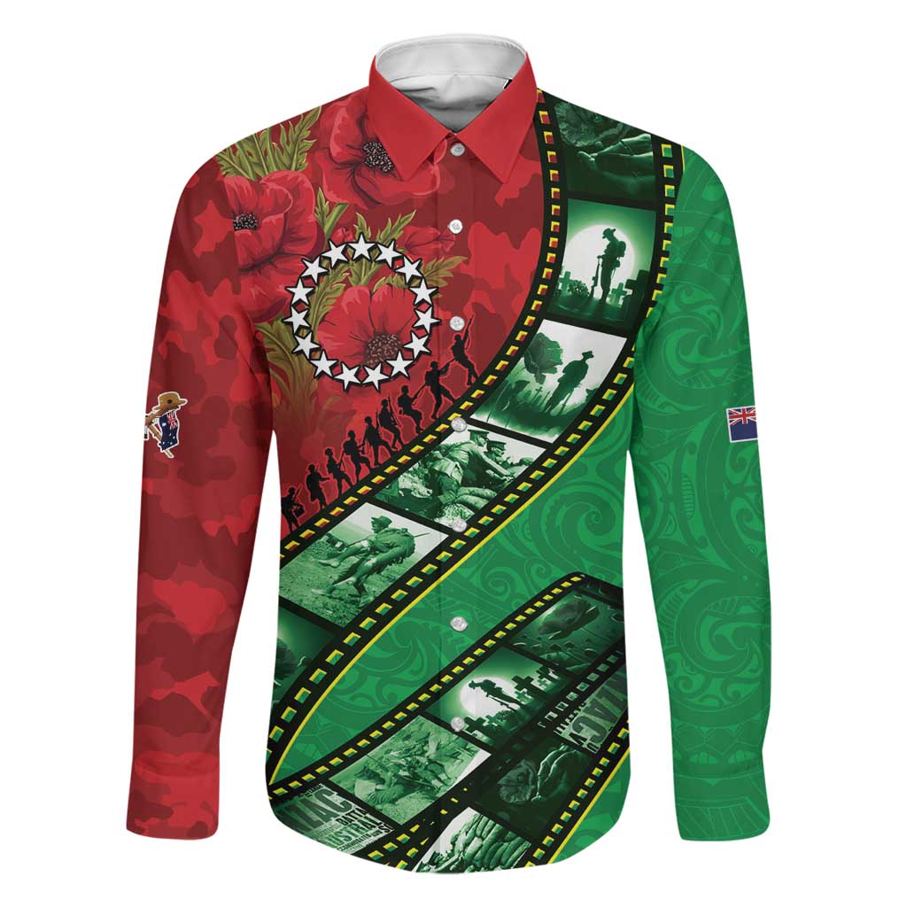 Personalised Cook Islands ANZAC 1915-2026 Filmstrip Family Matching Off The Shoulder Long Sleeve Dress and Hawaiian Shirt Lest We Forget 25 April LT9 Dad's Shirt - Long Sleeve Green - Polynesian Pride