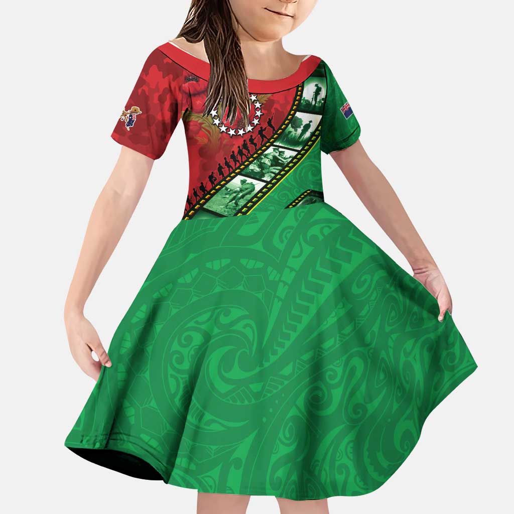 Personalised Cook Islands ANZAC 1915-2026 Filmstrip Family Matching Off Shoulder Maxi Dress and Hawaiian Shirt Lest We Forget 25 April LT9 Daughter's Dress Green - Polynesian Pride