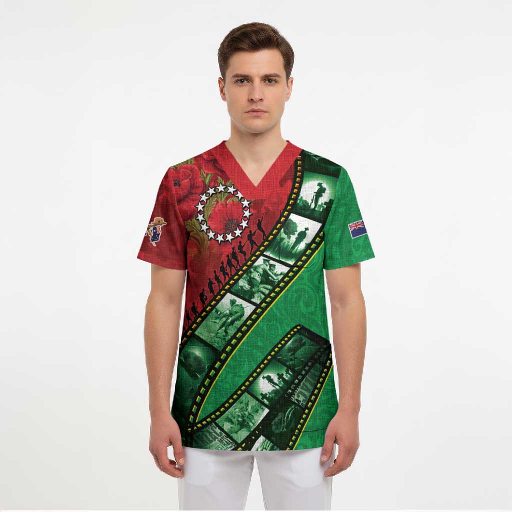 Personalised Cook Islands ANZAC 1915-2026 Filmstrip Scrub Top Lest We Forget 25 April