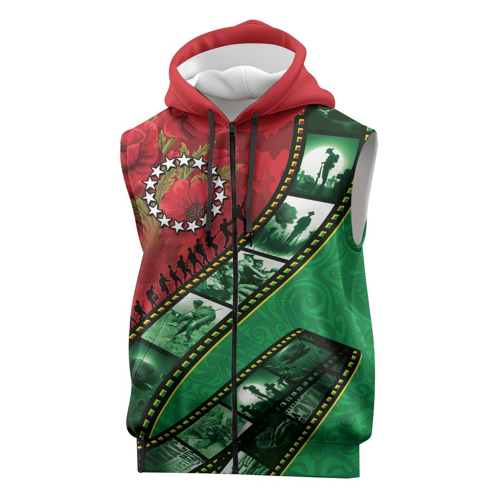 Personalised Cook Islands ANZAC 1915-2026 Filmstrip Sleeveless Zip Hoodie Lest We Forget 25 April