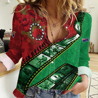 Personalised Cook Islands ANZAC 1915-2026 Filmstrip Women Casual Shirt Lest We Forget 25 April LT9 Female Green - Polynesian Pride