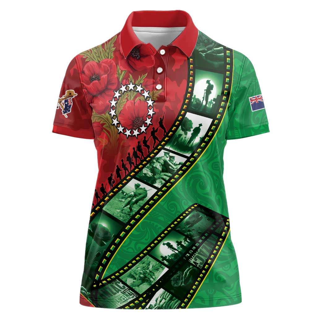 Personalised Cook Islands ANZAC 1915-2026 Filmstrip Women Polo Shirt Lest We Forget 25 April