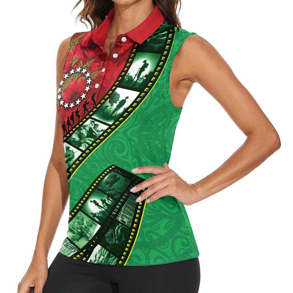 Personalised Cook Islands ANZAC 1915-2026 Filmstrip Women Sleeveless Polo Shirt Lest We Forget 25 April LT9 - Polynesian Pride