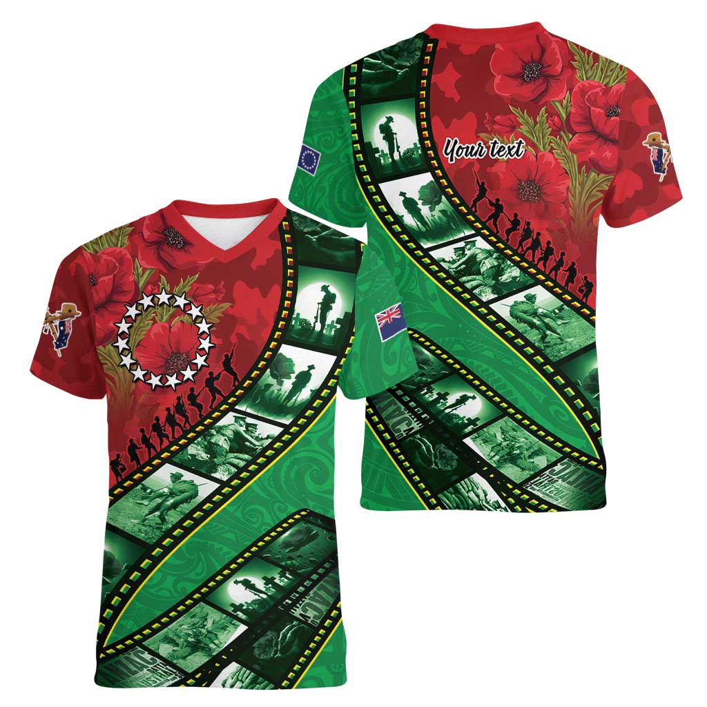 Personalised Cook Islands ANZAC 1915-2026 Filmstrip Women V-Neck T-Shirt Lest We Forget 25 April LT9 - Polynesian Pride
