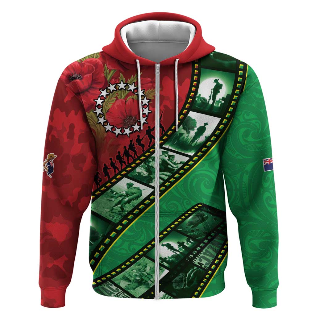 Personalised Cook Islands ANZAC 1915-2026 Filmstrip Zip Hoodie Lest We Forget 25 April