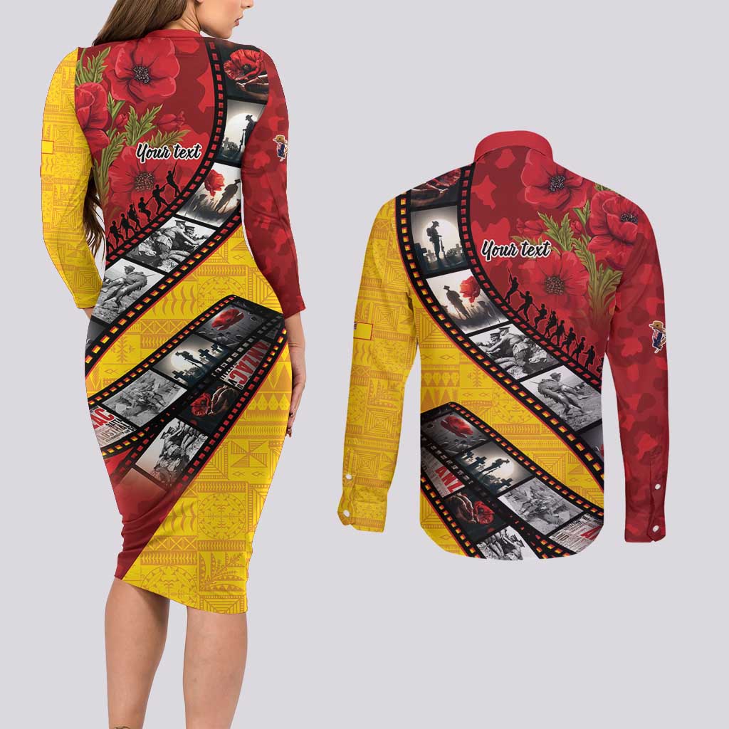 Personalised Niue ANZAC 1915-2026 Filmstrip Couples Matching Long Sleeve Bodycon Dress and Long Sleeve Button Shirt Lest We Forget 25 April LT9 - Polynesian Pride