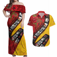 Personalised Niue ANZAC 1915-2026 Filmstrip Couples Matching Off Shoulder Maxi Dress and Hawaiian Shirt Lest We Forget 25 April LT9 Gold - Polynesian Pride