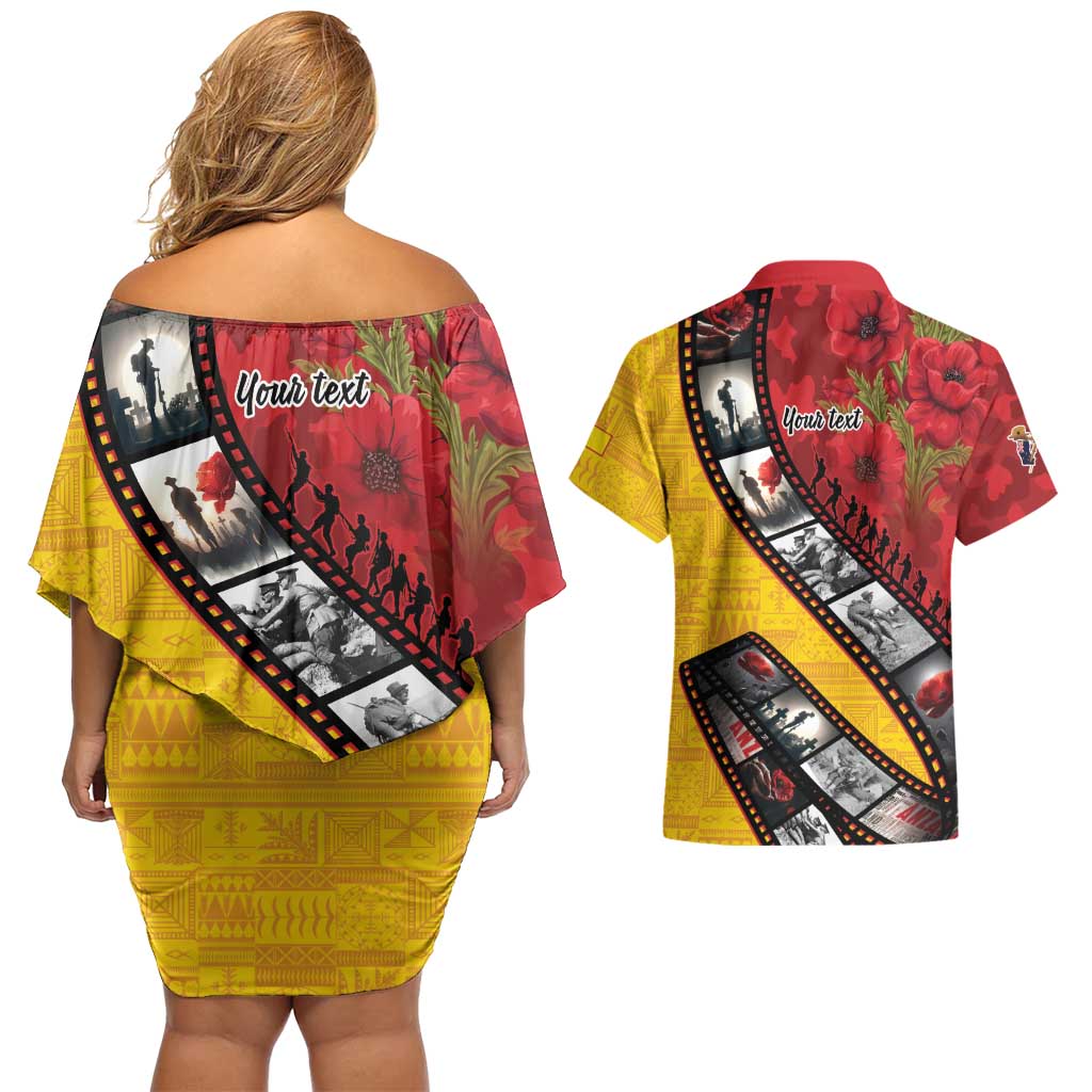 Personalised Niue ANZAC 1915-2026 Filmstrip Couples Matching Off Shoulder Short Dress and Hawaiian Shirt Lest We Forget 25 April LT9 - Polynesian Pride