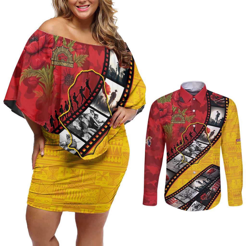 Personalised Niue ANZAC 1915-2026 Filmstrip Couples Matching Off Shoulder Short Dress and Long Sleeve Button Shirt Lest We Forget 25 April LT9 Gold - Polynesian Pride