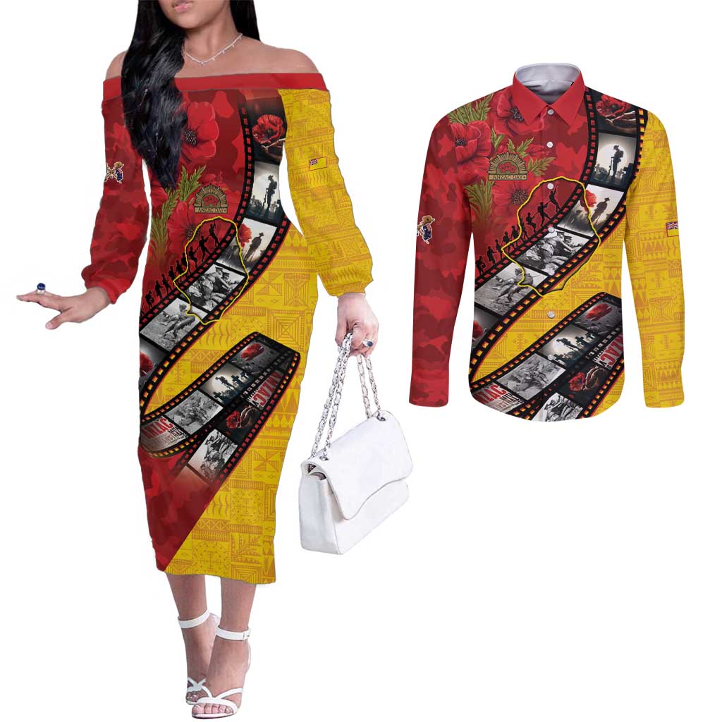 Personalised Niue ANZAC 1915-2026 Filmstrip Couples Matching Off The Shoulder Long Sleeve Dress and Long Sleeve Button Shirt Lest We Forget 25 April LT9 Gold - Polynesian Pride