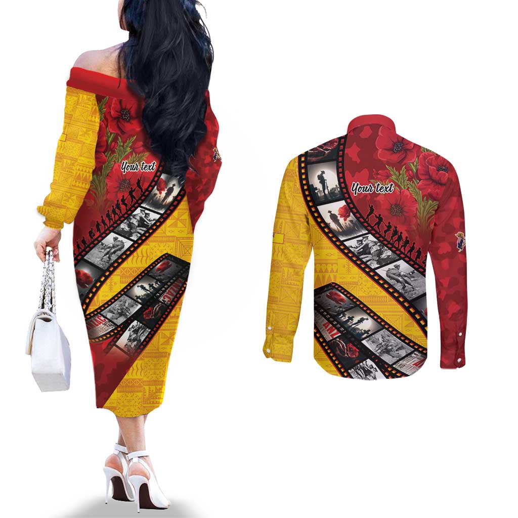 Personalised Niue ANZAC 1915-2026 Filmstrip Couples Matching Off The Shoulder Long Sleeve Dress and Long Sleeve Button Shirt Lest We Forget 25 April LT9 - Polynesian Pride
