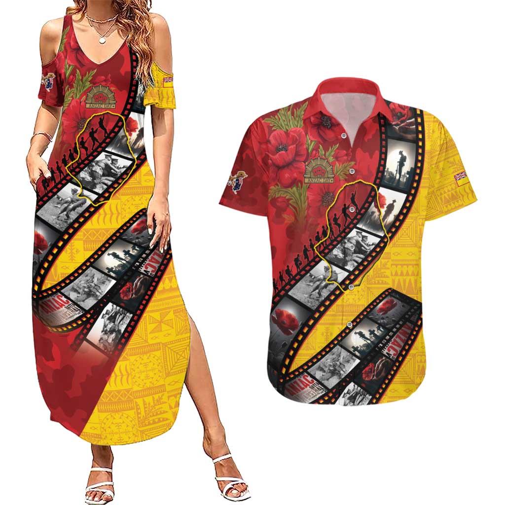 Personalised Niue ANZAC 1915-2026 Filmstrip Couples Matching Summer Maxi Dress and Hawaiian Shirt Lest We Forget 25 April LT9 Gold - Polynesian Pride