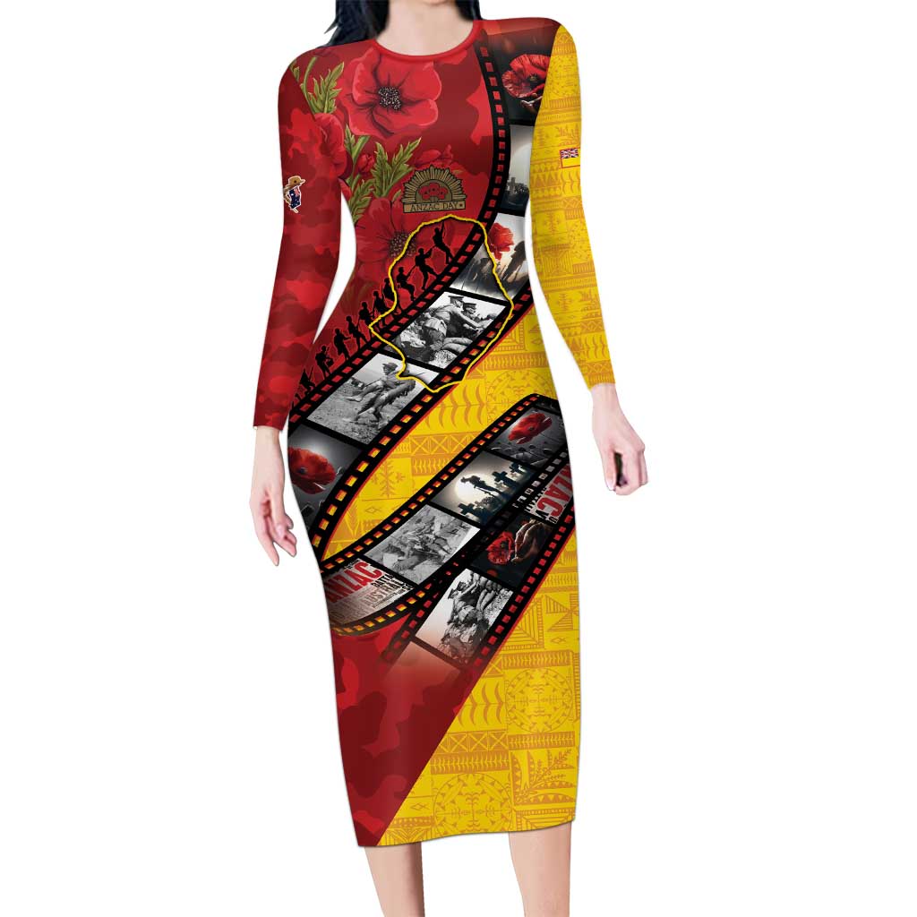 Personalised Niue ANZAC 1915-2026 Filmstrip Family Matching Long Sleeve Bodycon Dress and Hawaiian Shirt Lest We Forget 25 April LT9 Mom's Dress Gold - Polynesian Pride