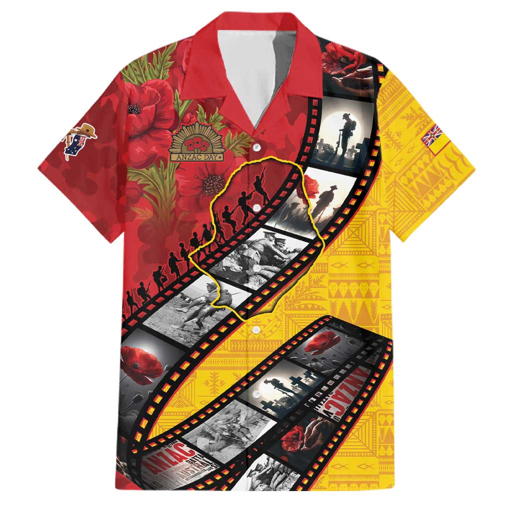 Personalised Niue ANZAC 1915-2026 Filmstrip Family Matching Off The Shoulder Long Sleeve Dress and Hawaiian Shirt Lest We Forget 25 April LT9 Dad's Shirt - Short Sleeve Gold - Polynesian Pride