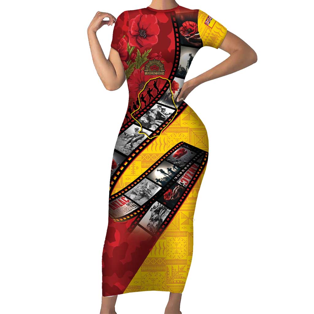 Personalised Niue ANZAC 1915-2026 Filmstrip Family Matching Short Sleeve Bodycon Dress and Hawaiian Shirt Lest We Forget 25 April LT9 Mom's Dress Gold - Polynesian Pride