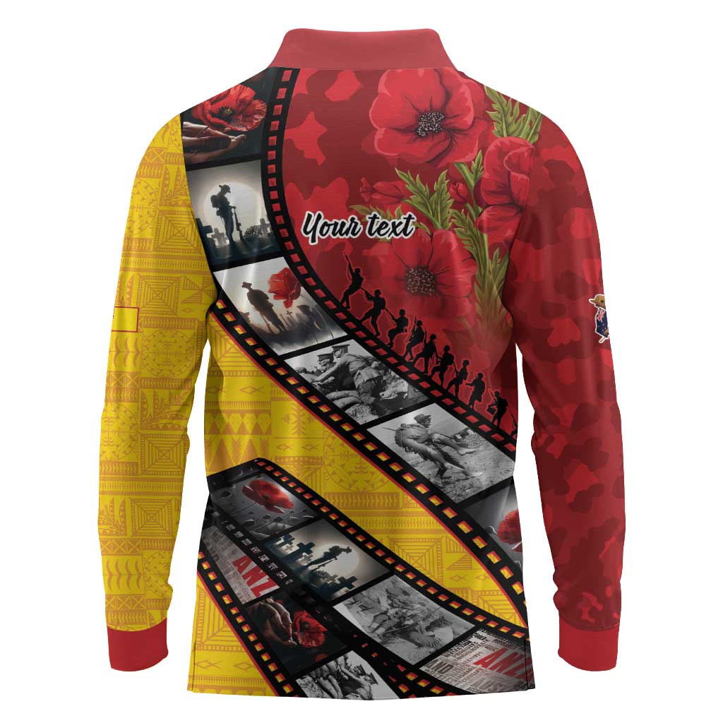 Personalised Niue ANZAC 1915-2026 Filmstrip Long Sleeve Polo Shirt Lest We Forget 25 April LT9 - Polynesian Pride