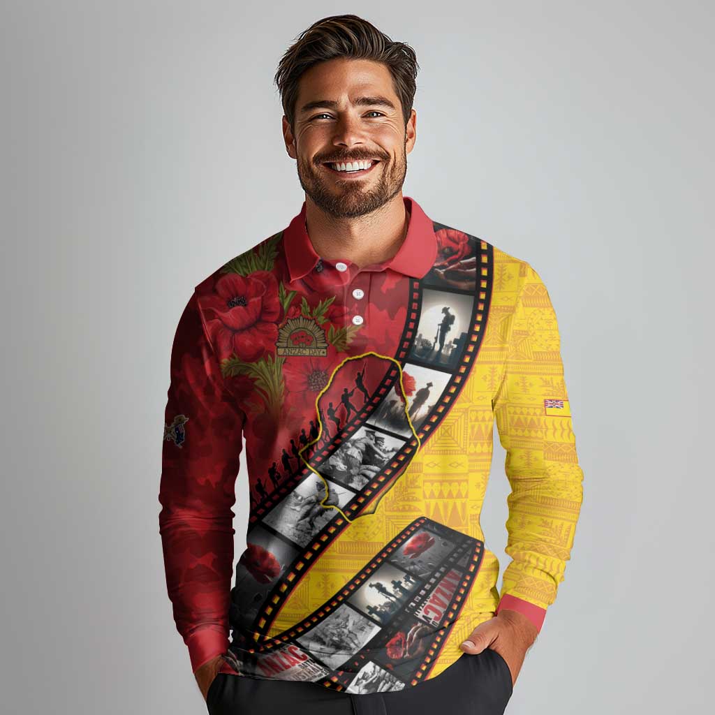 Personalised Niue ANZAC 1915-2026 Filmstrip Long Sleeve Polo Shirt Lest We Forget 25 April LT9 - Polynesian Pride