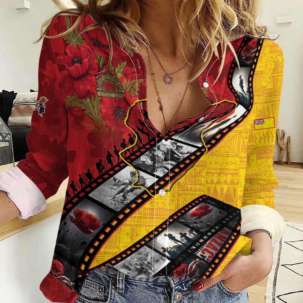 Personalised Niue ANZAC 1915-2026 Filmstrip Women Casual Shirt Lest We Forget 25 April