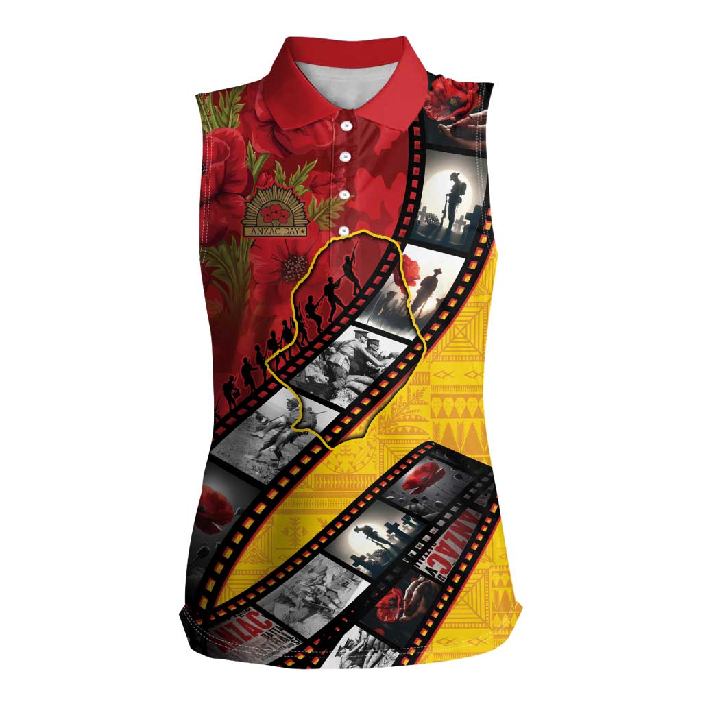 Personalised Niue ANZAC 1915-2026 Filmstrip Women Sleeveless Polo Shirt Lest We Forget 25 April LT9 Female Gold - Polynesian Pride