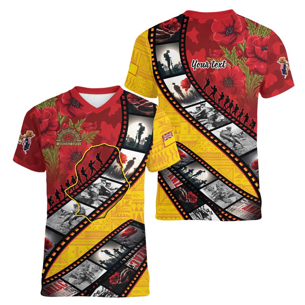 Personalised Niue ANZAC 1915-2026 Filmstrip Women V-Neck T-Shirt Lest We Forget 25 April LT9 - Polynesian Pride