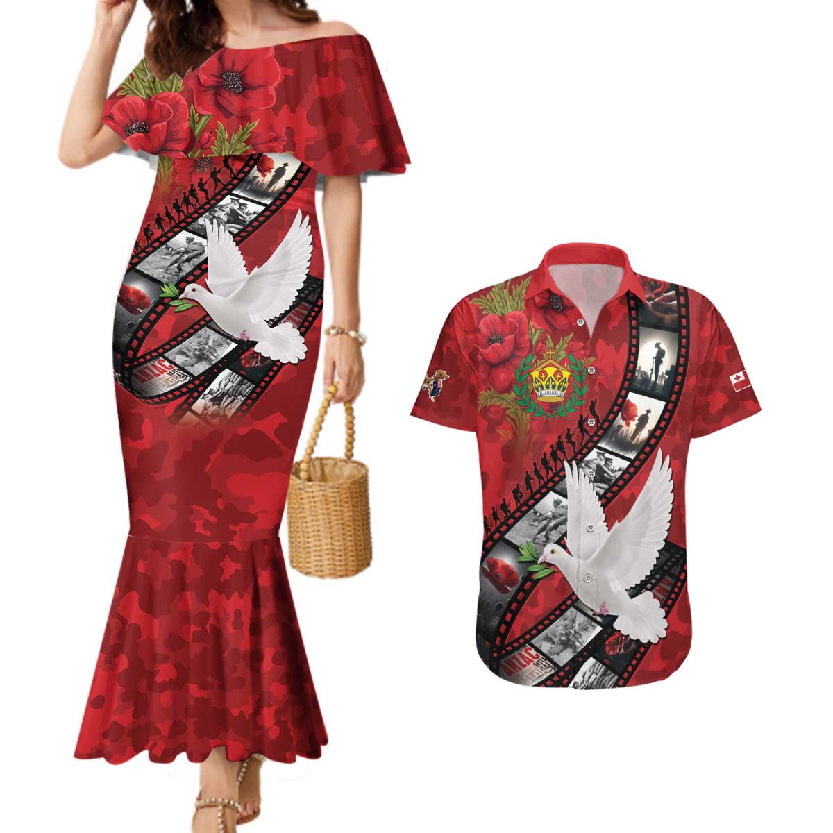 Personalised Tonga ANZAC 1915-2026 Filmstrip Couples Matching Mermaid Dress and Hawaiian Shirt Lest We Forget 25 April LT9 Red - Polynesian Pride
