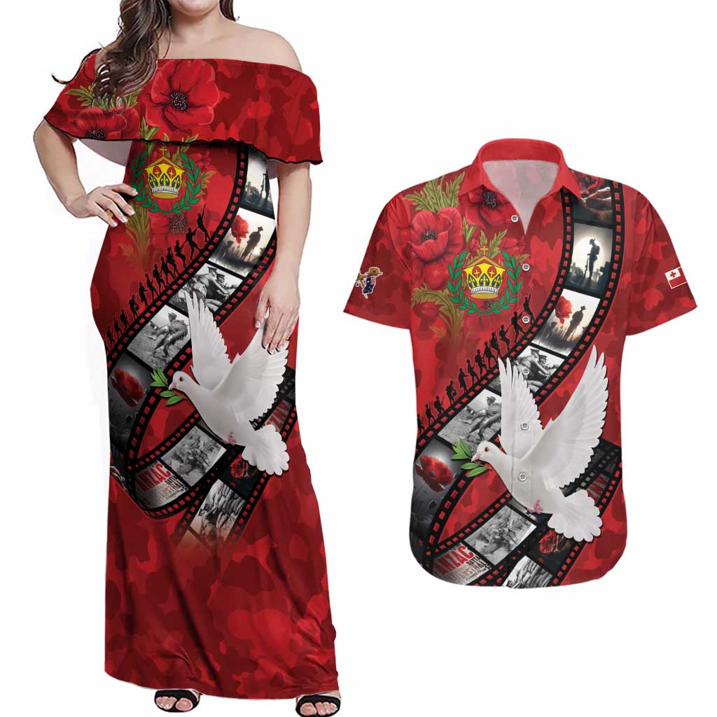 Personalised Tonga ANZAC 1915-2026 Filmstrip Couples Matching Off Shoulder Maxi Dress and Hawaiian Shirt Lest We Forget 25 April LT9 Red - Polynesian Pride