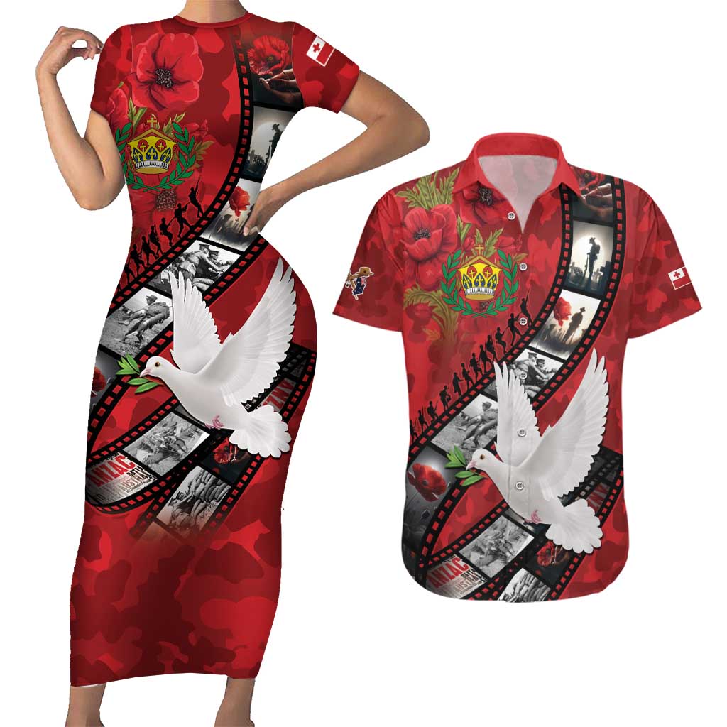 Personalised Tonga ANZAC 1915-2026 Filmstrip Couples Matching Short Sleeve Bodycon Dress and Hawaiian Shirt Lest We Forget 25 April LT9 Red - Polynesian Pride