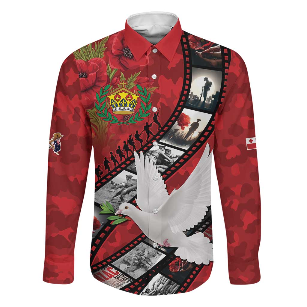 Personalised Tonga ANZAC 1915-2026 Filmstrip Family Matching Off Shoulder Short Dress and Hawaiian Shirt Lest We Forget 25 April LT9 Dad's Shirt - Long Sleeve Red - Polynesian Pride
