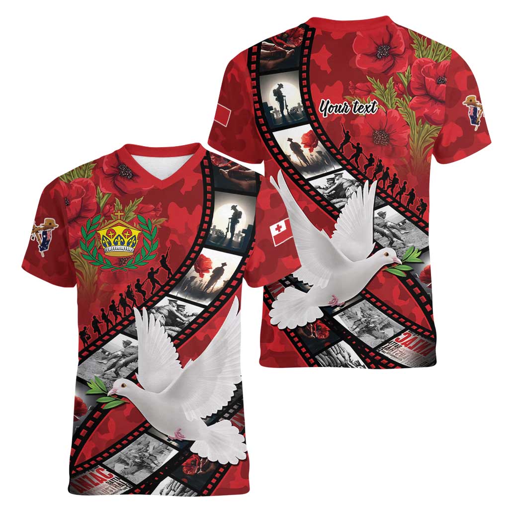 Personalised Tonga ANZAC 1915-2026 Filmstrip Women V-Neck T-Shirt Lest We Forget 25 April