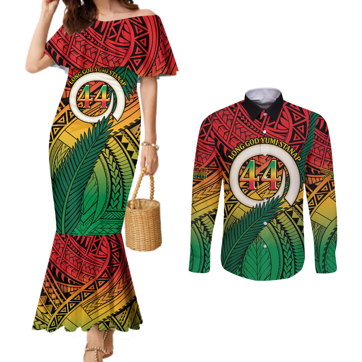 Personalised Vanuatu Yumi 44th Indipendens Dei Couples Matching Mermaid Dress and Long Sleeve Button Shirt Vanuatuan Broad Tusk with Polynesian Tribal