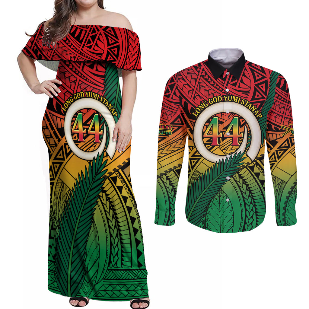 Personalised Vanuatu Yumi 44th Indipendens Dei Couples Matching Off Shoulder Maxi Dress and Long Sleeve Button Shirt Vanuatuan Broad Tusk with Polynesian Tribal